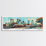 Fort Worth Texas Panoramic Wall Art, Mid Century Modern Framed Canvas Print, Retro Pop Art Travel Poster, Office Art, Living Room Decor