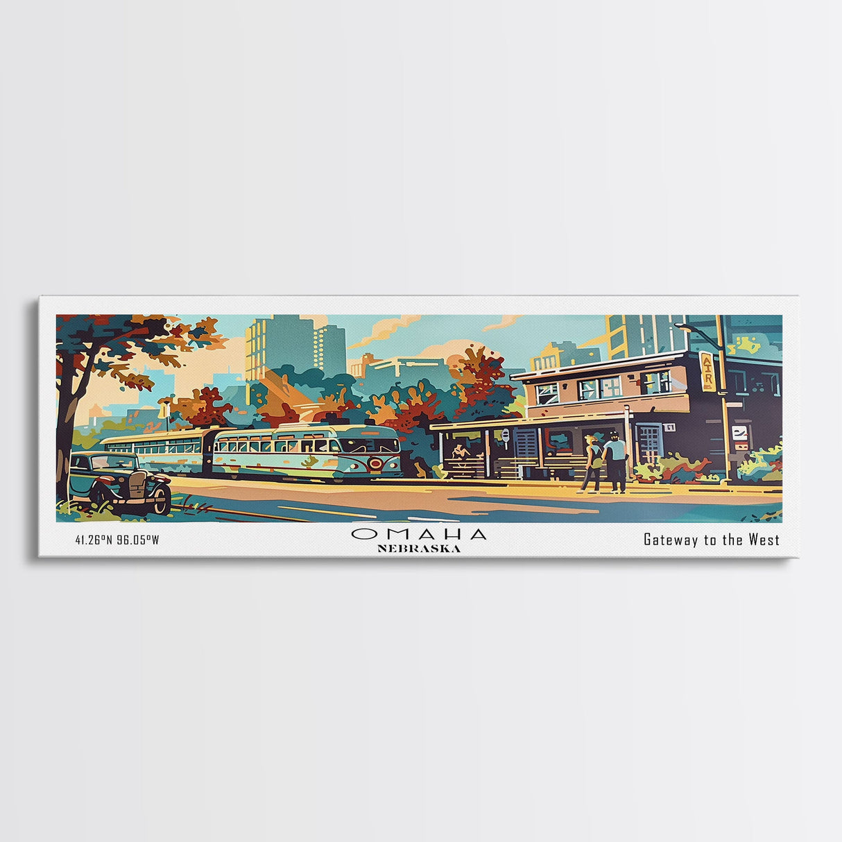 Omaha Nebraska Panoramic Painting, Mid Century Modern Framed Canvas Print, Retro Pop Art Travel Poster, Living Room Art, Home Decor, Office Wall Art, Vintage Style