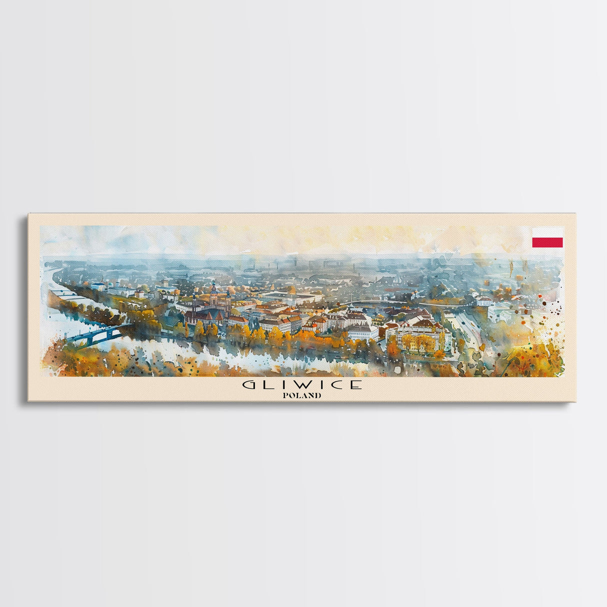 Gliwice Poland Panoramic Travel Poster, Framed Canvas Print or Metal Wall Art, Travel Art, Home Decor, Panoramic Painting, Midcentury Art