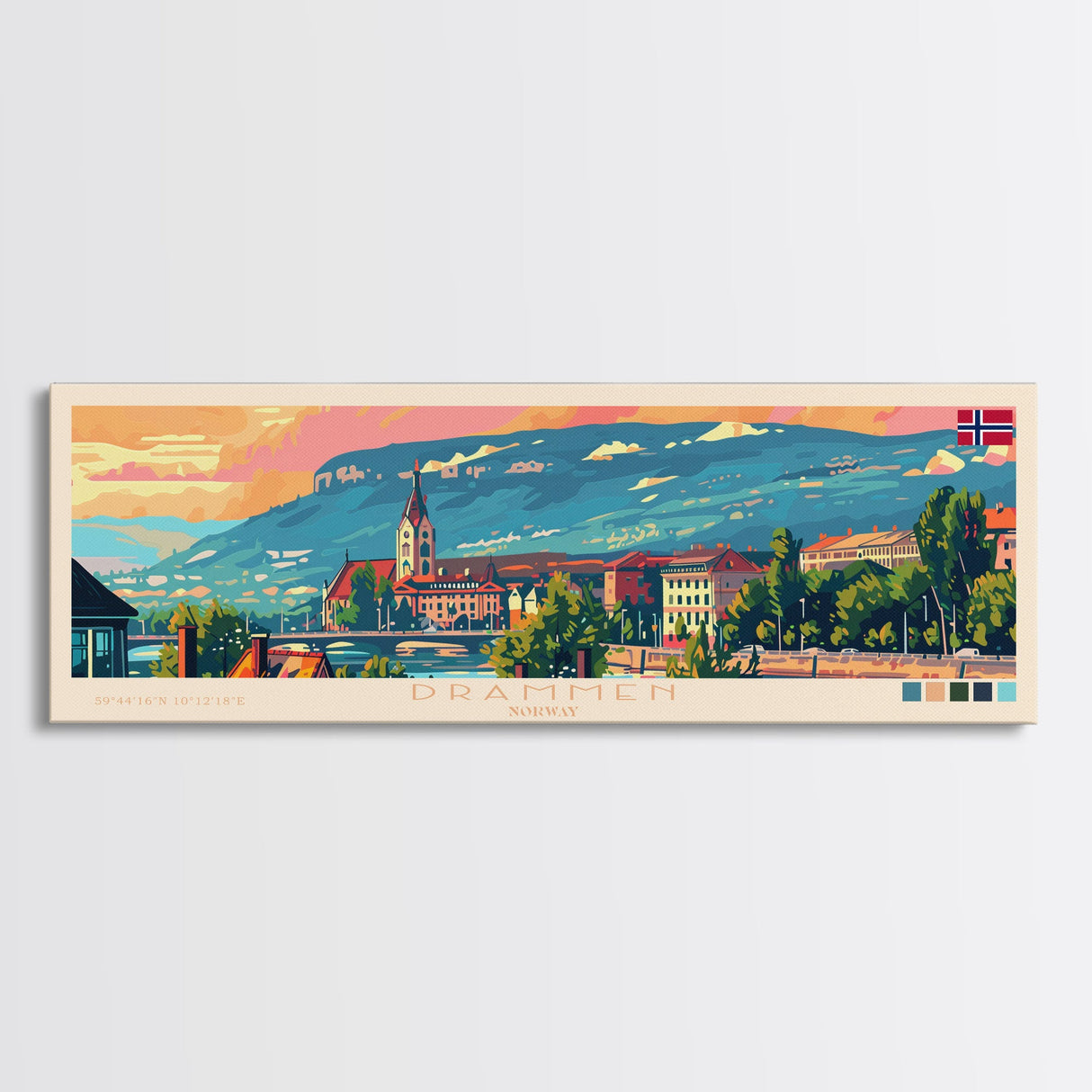 Drammen Norway Travel Print Wall Art, Panoramic City Art, Travel Art, Wall Decor, Vacation Gift, Framed Canvas Print Or Metal Art