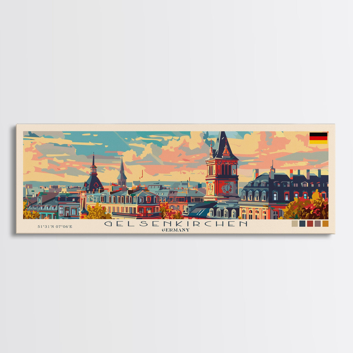 Gelsenkirchen Germany Panoramic Travel Poster, Framed Canvas Print or Metal Wall Art, Travel Art, Home Decor, Panoramic Painting, Midcentury Art
