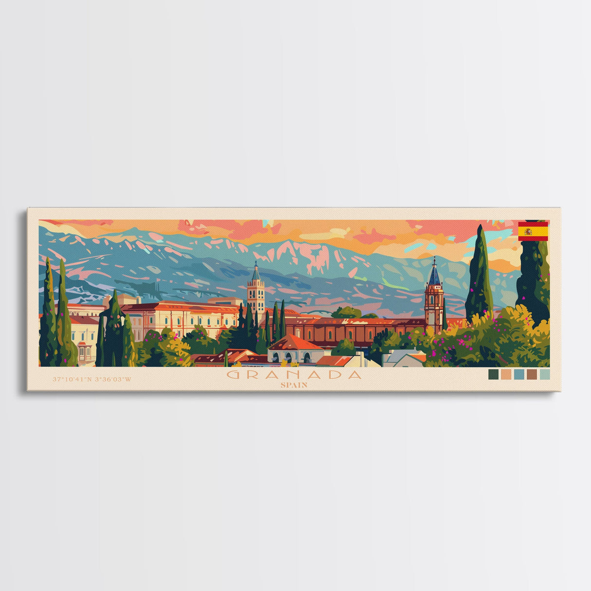 Granada Spain Panoramic Travel Poster, Framed Canvas Print or Metal Wall Art, Travel Art, Home Decor, Panoramic Painting, Midcentury Art