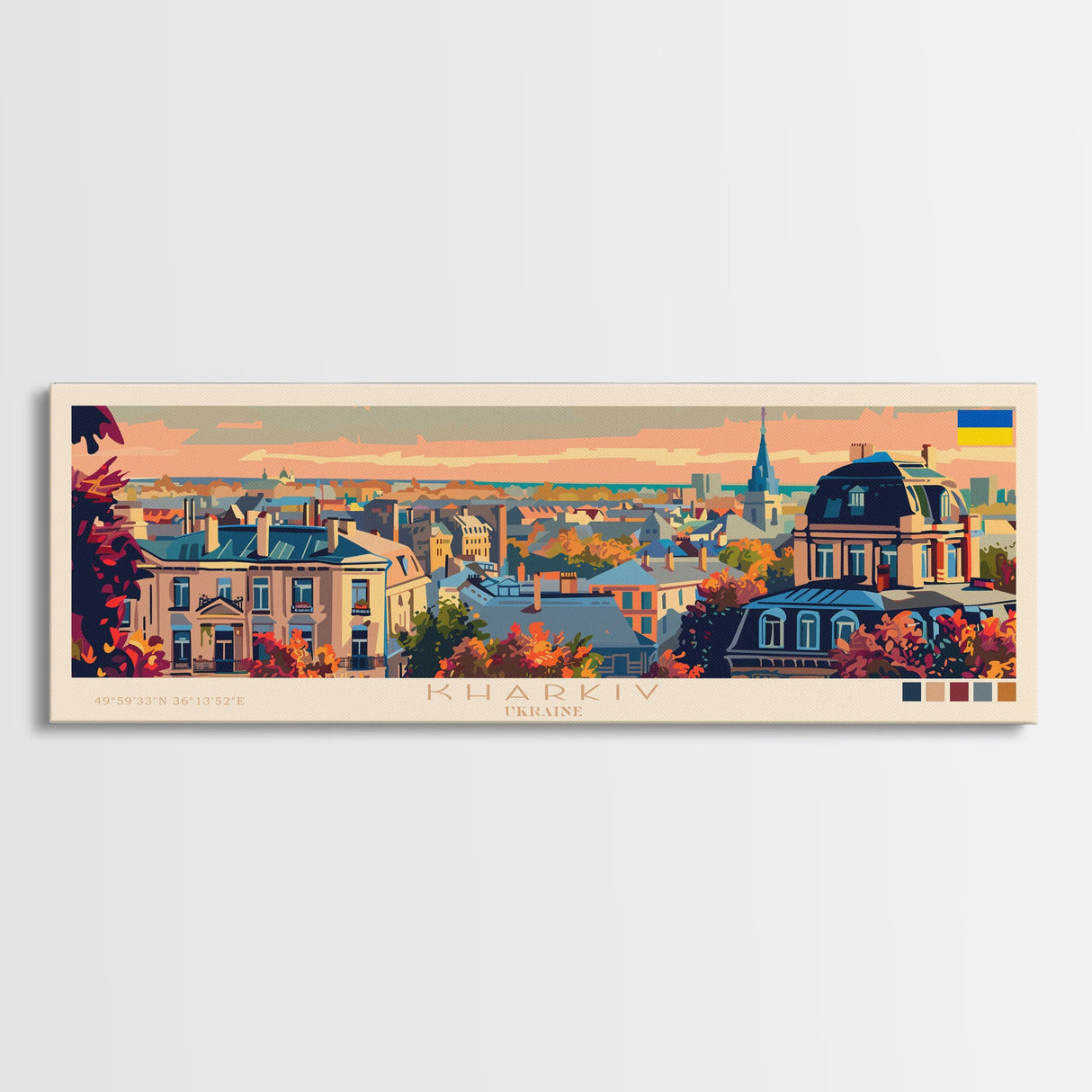 Kharkiv Ukraine Panoramic Travel Poster, Framed Canvas Print or Metal Wall Art, Travel Art, Home Decor, Panoramic Painting, Midcentury Art