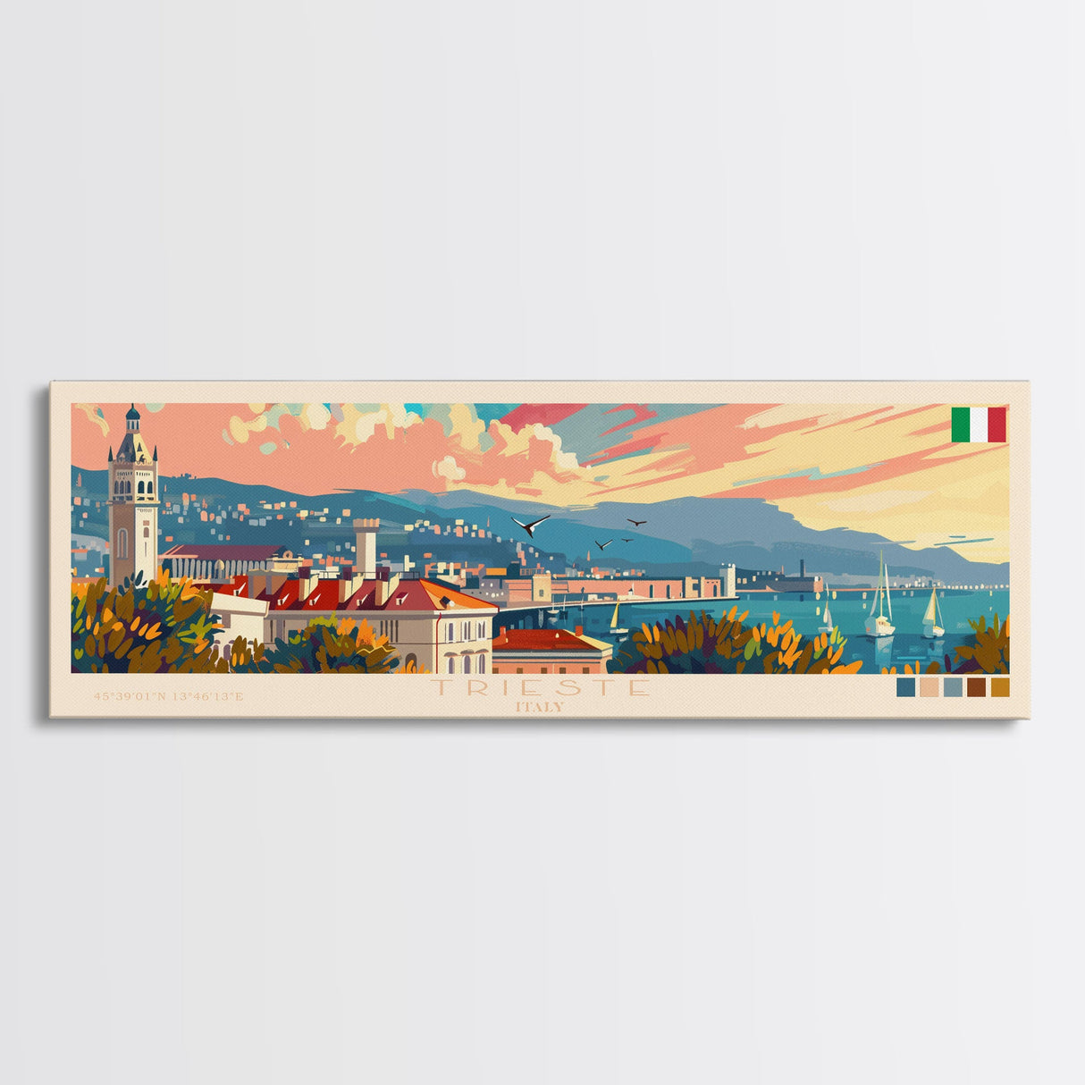 Trieste Italy Panoramic Travel Poster, Framed Canvas Print or Metal Wall Art, Travel Art, Home Decor, Panoramic Painting, Midcentury Art