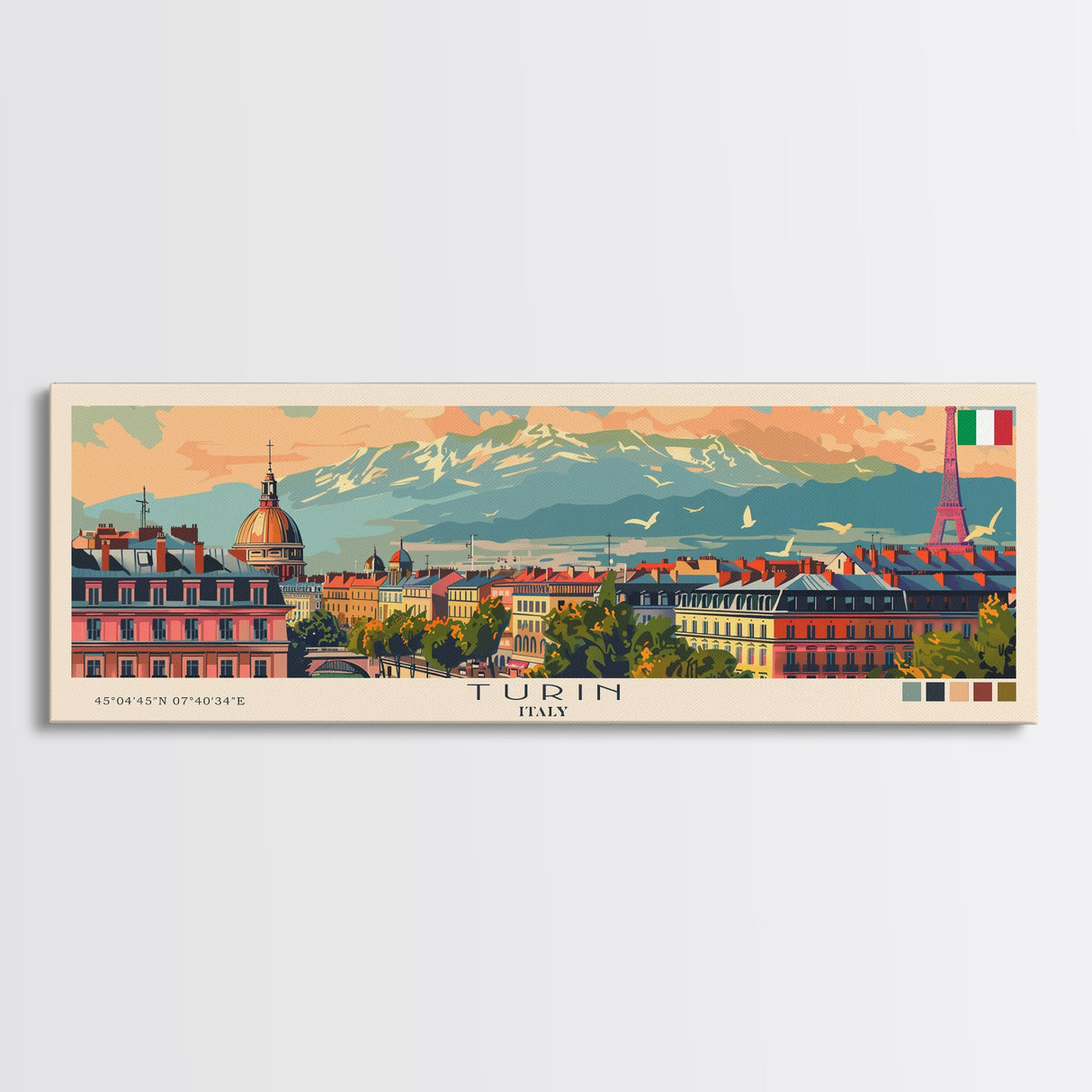 Turin Italy Panoramic Travel Poster, Framed Canvas Print or Metal Wall Art, Travel Art, Home Decor, Panoramic Painting, Midcentury Art