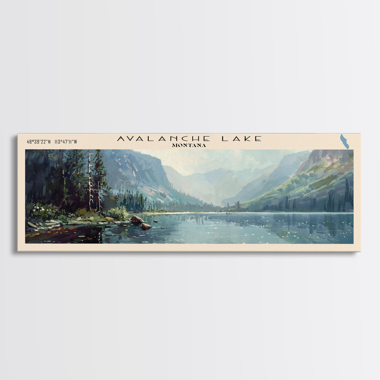 Avalanche Lake Montana Panoramic Framed Canvas Print, Lake House Art, Boho Decor, Travel Poster, Nature Wall Art, Serene Scene