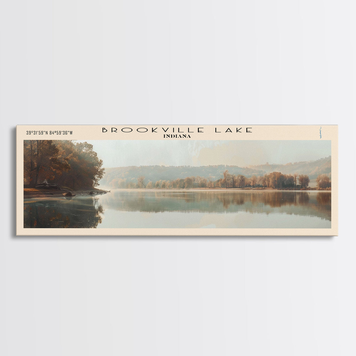 Brookville Lake Indiana Framed Canvas Print, Lake House Decor, Panoramic Wall Art, Travel Poster, Rustic Lake Painting, Nature Art