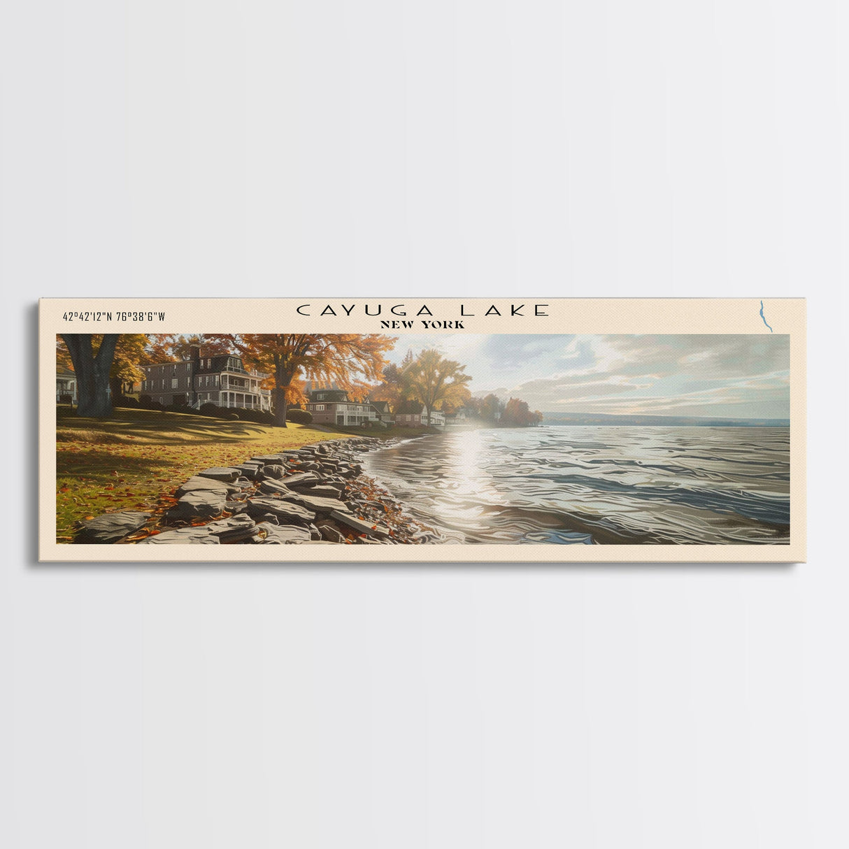 Cayuga Lake New York Framed Canvas Print, Lake House Art, Panoramic Travel Poster, Wide Wall Art, Modern Lake Painting, Home Decor