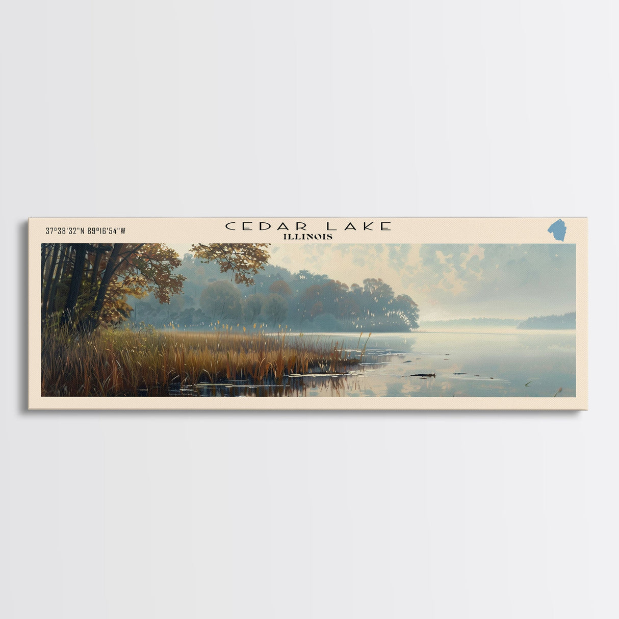Cedar Lake Illinois Framed Canvas Print, Lake House Art, Panoramic Wide Art, Travel Poster, Minimalist Lake Painting, Home Decor