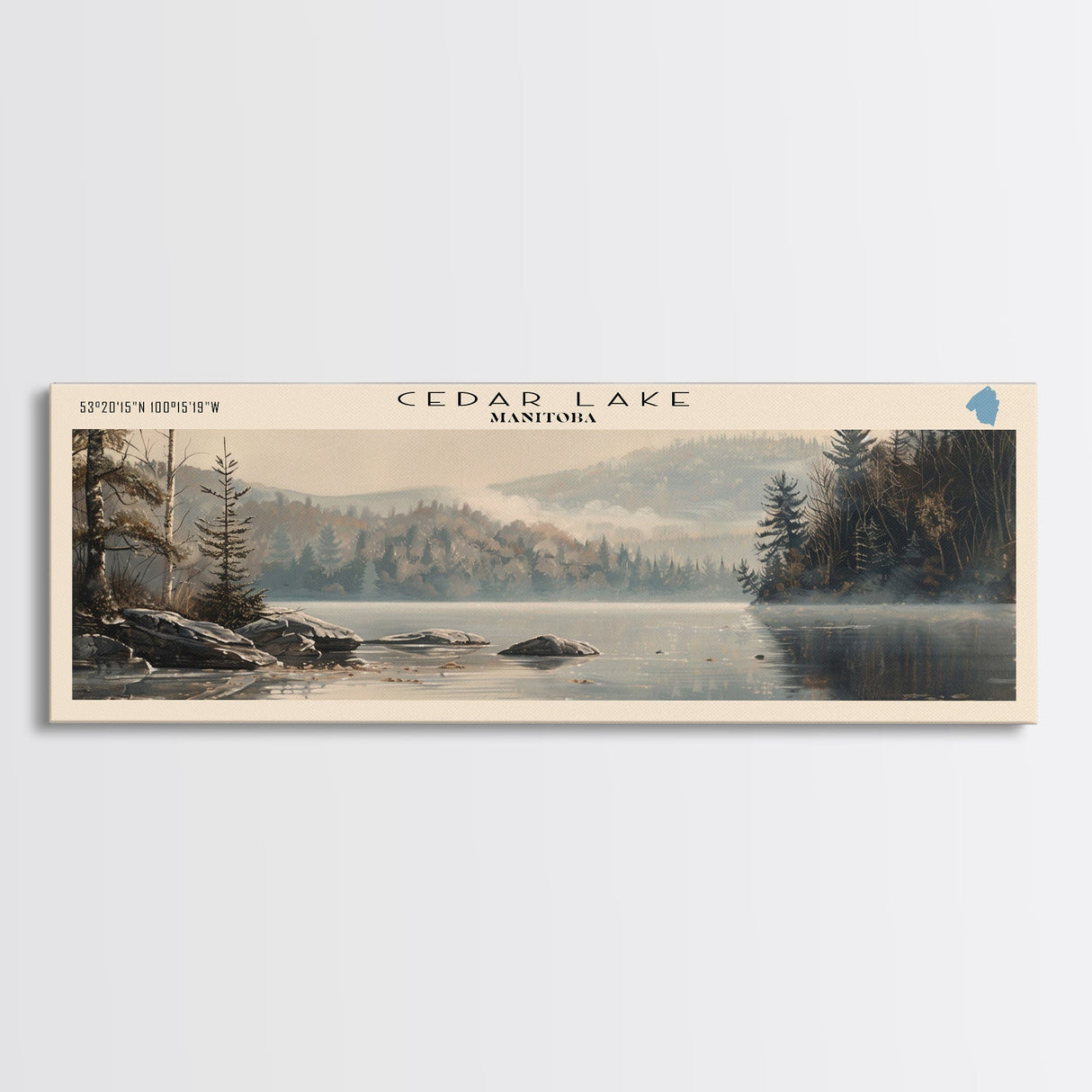 Cedar Lake Framed Canvas Print, Panoramic Lake House Decor, Wide Wall Art, Travel Poster, Rustic Lake Painting, Nature Art