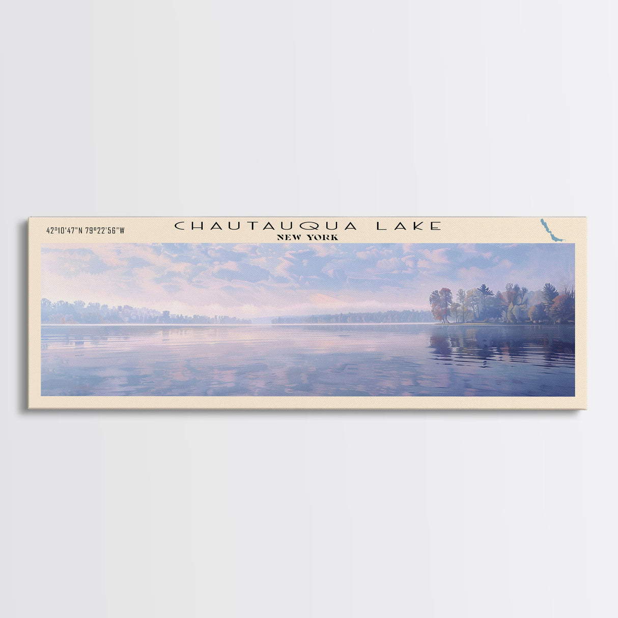Chautauqua Lake New York Framed Canvas Print, Lake House Art, Panoramic Wide Wall Art, Travel Poster, Modern Lake Painting, Nature Art