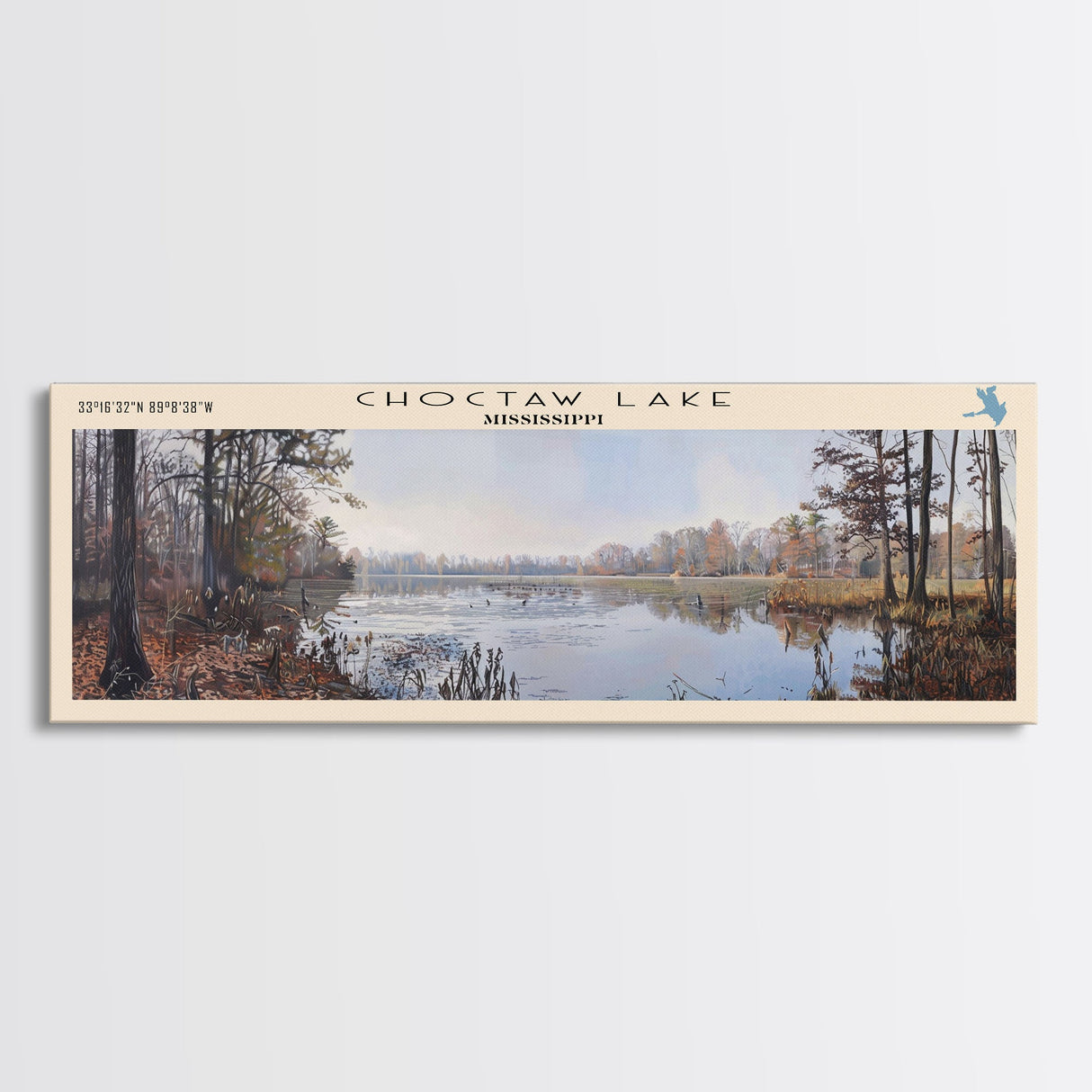 Choctaw Lake Mississippi Framed Canvas Print, Lake House Art, Panoramic Wide Wall Art, Travel Poster, Rustic Lake Painting, Home Decor