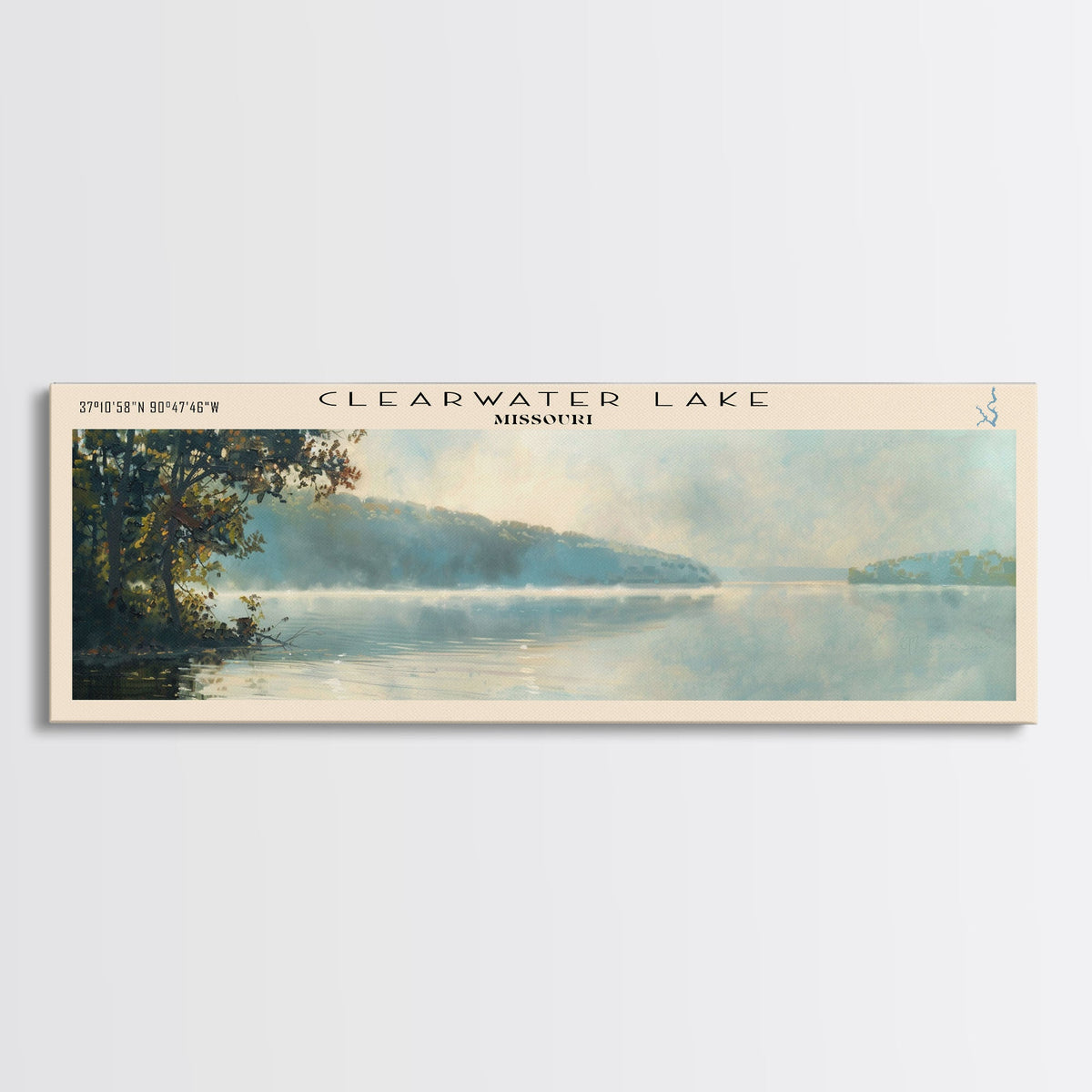 Clearwater Lake Framed Canvas Print, Lake House Art, Panoramic Travel Poster, Wide Wall Art, Modern Lake Painting, Home Decor