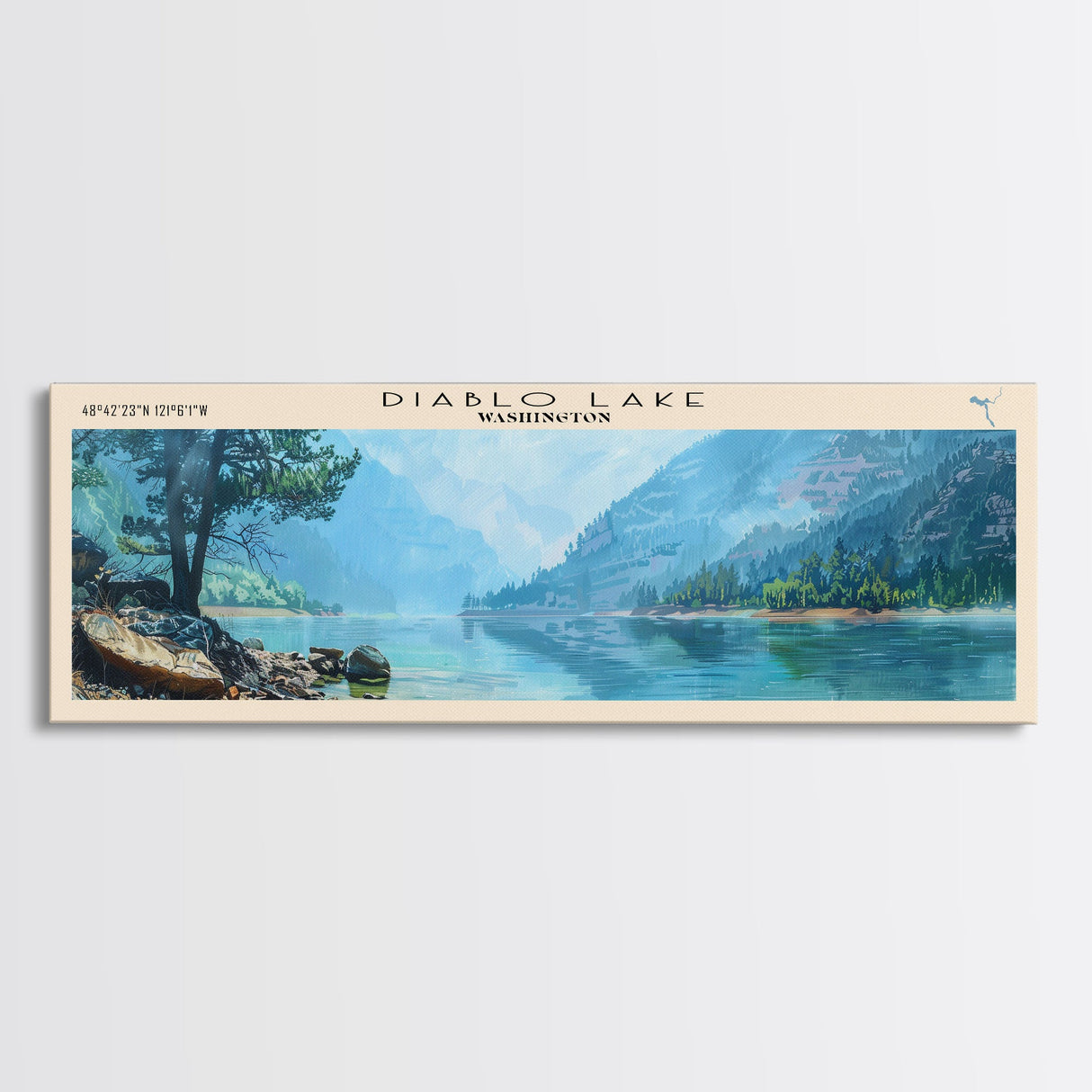 Diablo Lake Washington Framed Canvas Print, Lake House Art, Panoramic Wall Art, Travel Poster, Minimalist Lake Painting, Home Decor