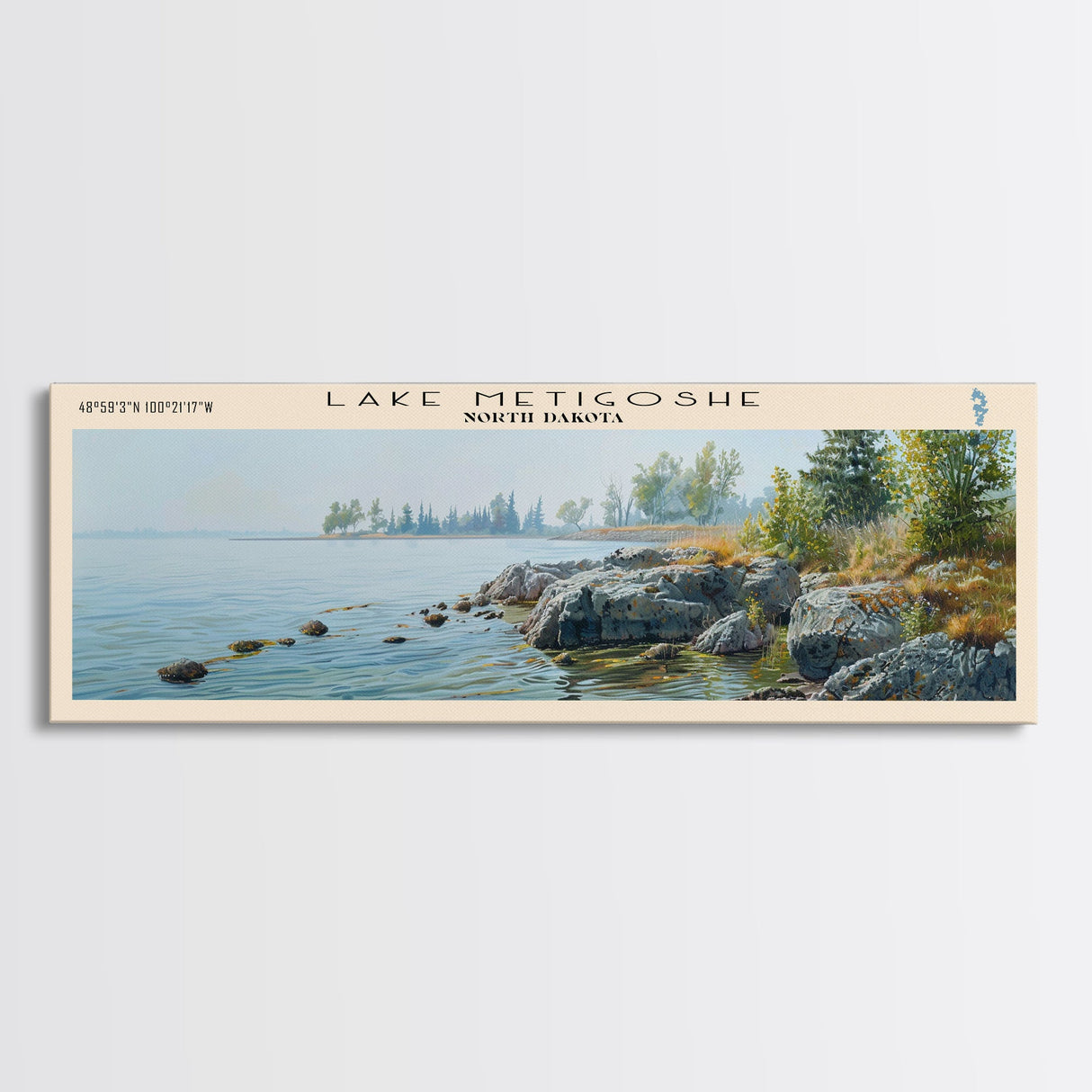 Lake Metigoshe North Dakota Framed Canvas Print, Lake House Decor, Panoramic Wall Art, Travel Poster, Serene Landscape Painting, Living Room Decor