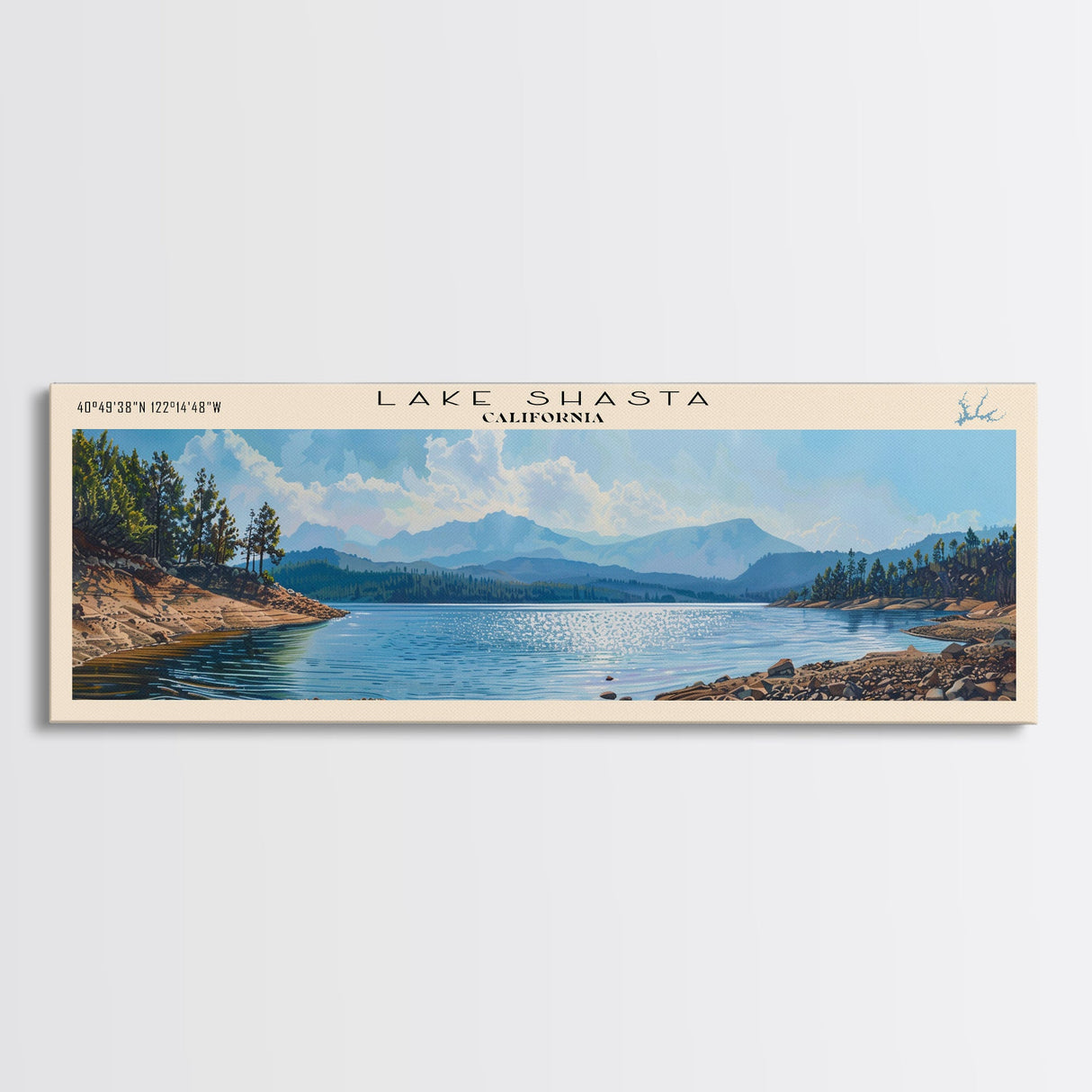 Lake Shasta, Boho Art, Beautiful Landscape, Travel Poster Art, Wall Art, Home Decor, Nature Scene, Lake Painting, Minimalist Art, Rustic Art, Travel Print, Framed Canvas Print, Lake House Decor, Panoramic Print