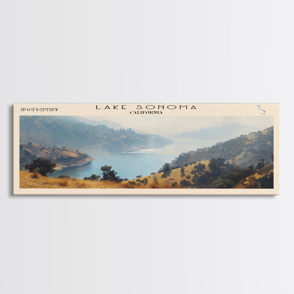 Lake Sonoma California Framed Canvas Print, Lake House Decor, Panoramic Wall Art, Travel Poster, Stunning Landscape Painting, Contemporary Art