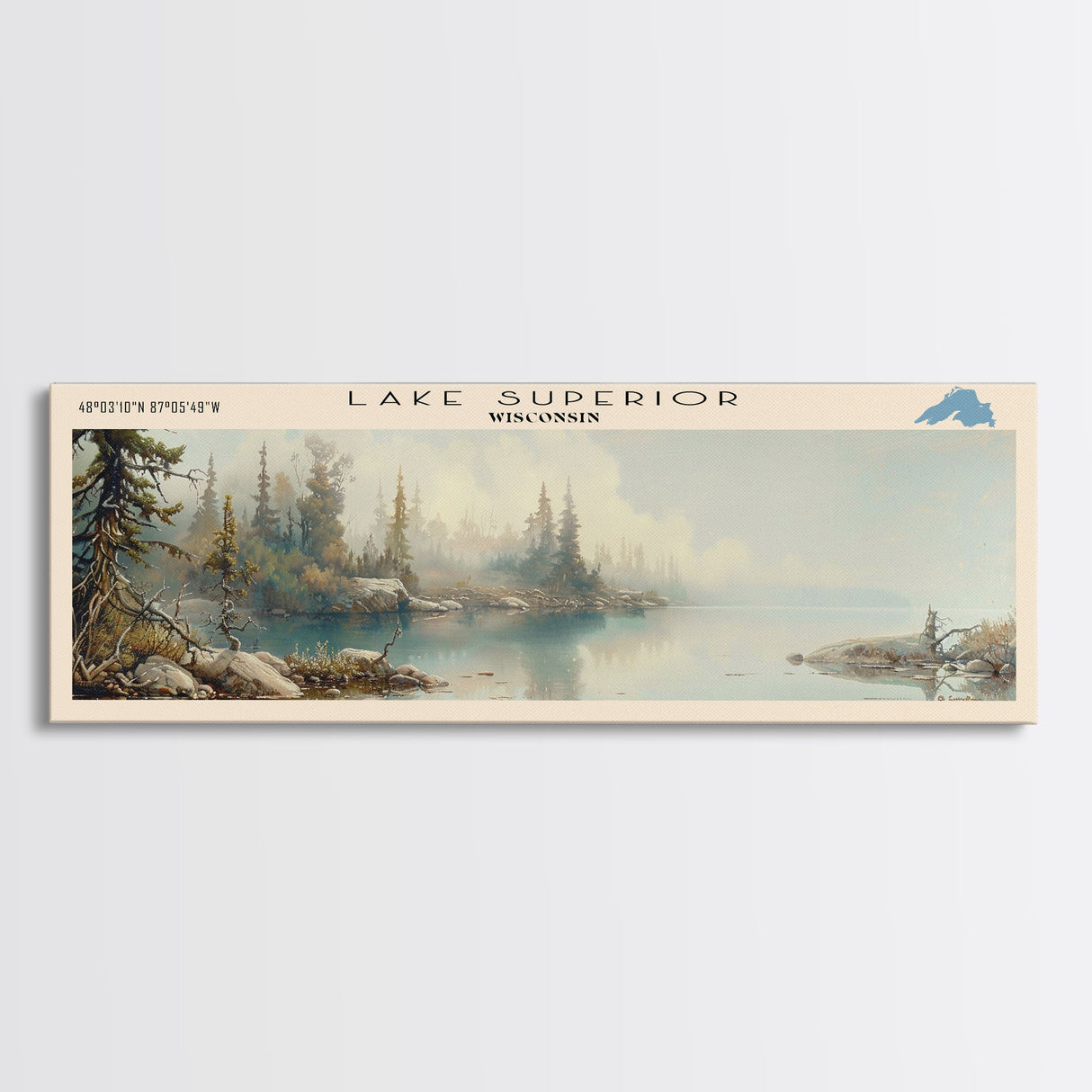 Lake Superior Framed Canvas Print, Lake House Decor, Panoramic Wall Art, Travel Poster, Beautiful Landscape Painting, Modern Art