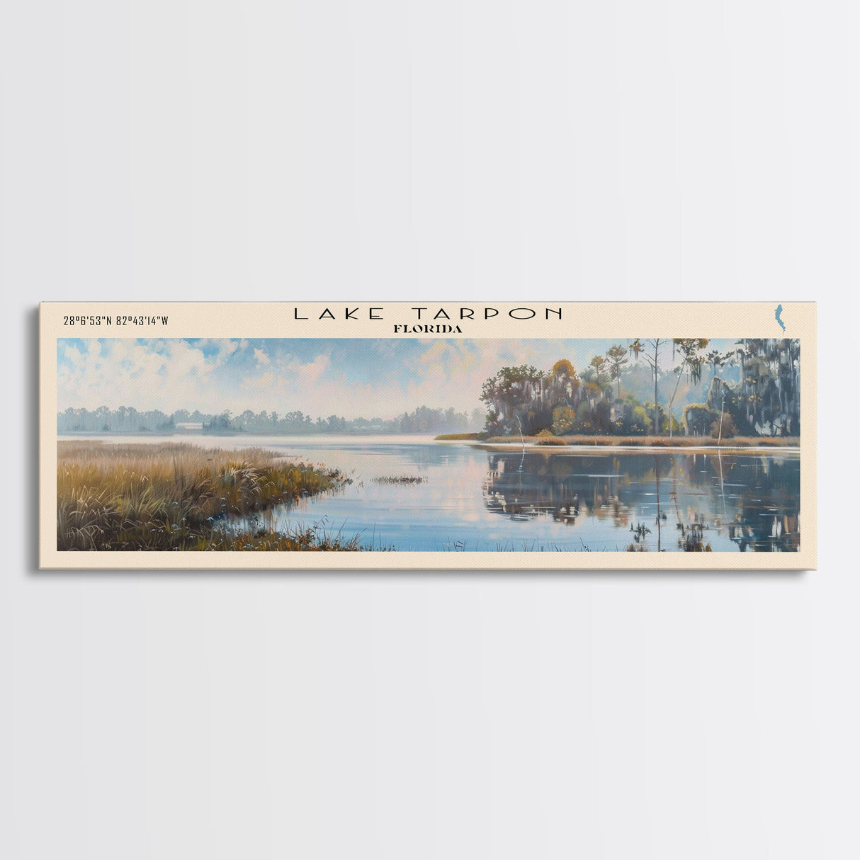 Lake Tarpon Florida Framed Canvas Print, Lake House Decor, Panoramic Wall Art, Travel Poster, Beautiful Landscape Painting, Living Room Decor