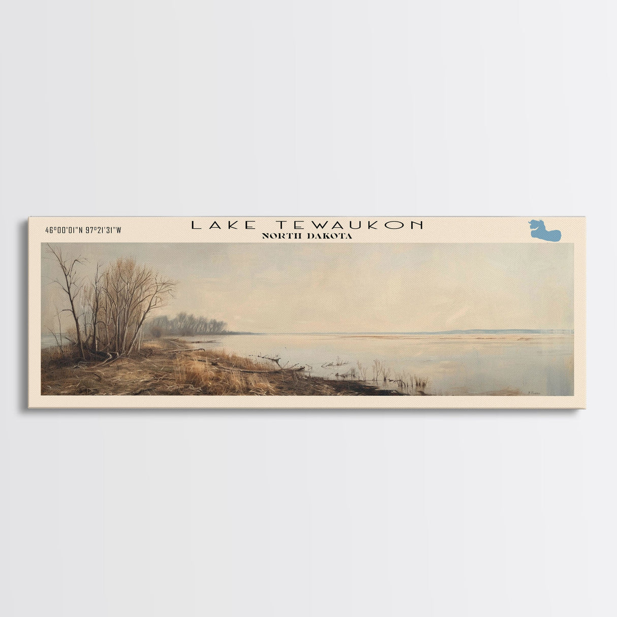 Lake Tewaukon North Dakota Framed Canvas Print, Lake House Decor, Panoramic Wall Art, Travel Poster, Scenic Landscape Painting, Contemporary Art