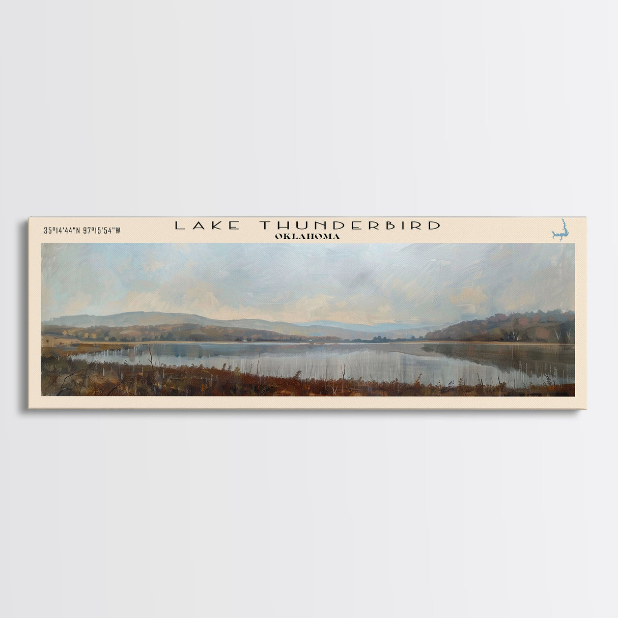 Lake Thunderbird Oklahoma Framed Canvas Print, Lake House Decor, Panoramic Wall Art, Travel Poster, Scenic Landscape Painting, Bedroom Decor