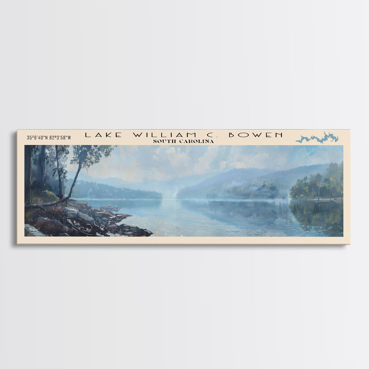 Lake William C Bowen South Carolina Framed Canvas Print, Lake House Decor, Panoramic Wall Art, Travel Poster, Landscape Painting, Bedroom Decor