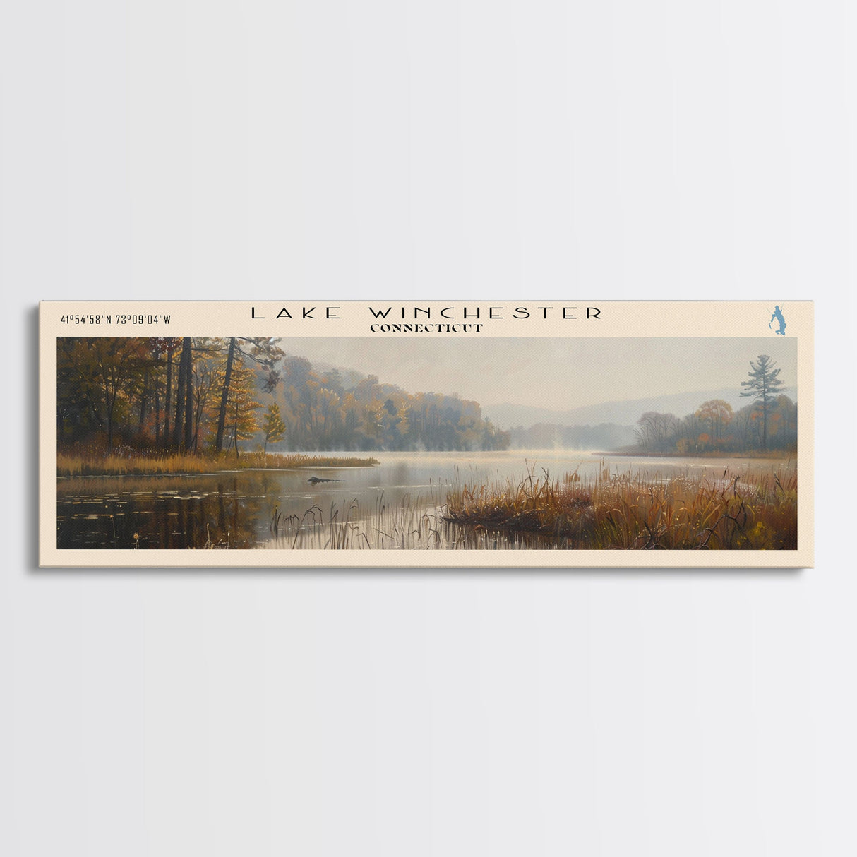 Lake Winchester Connecticut Framed Canvas Print, Lake House Decor, Panoramic Wall Art, Travel Poster, Landscape Painting, Contemporary Art