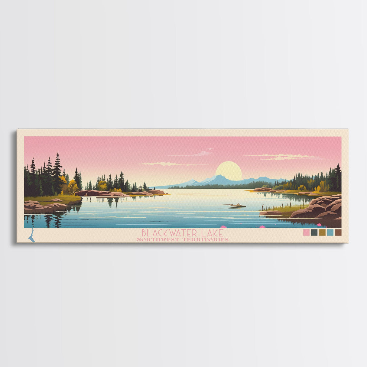 Blackwater Lake Northwest Territories Framed Canvas Print, Panoramic Wall Art, Midcentury Modern, Pop Art, Travel Poster, Scenic Living Room Art, Lake House Decor