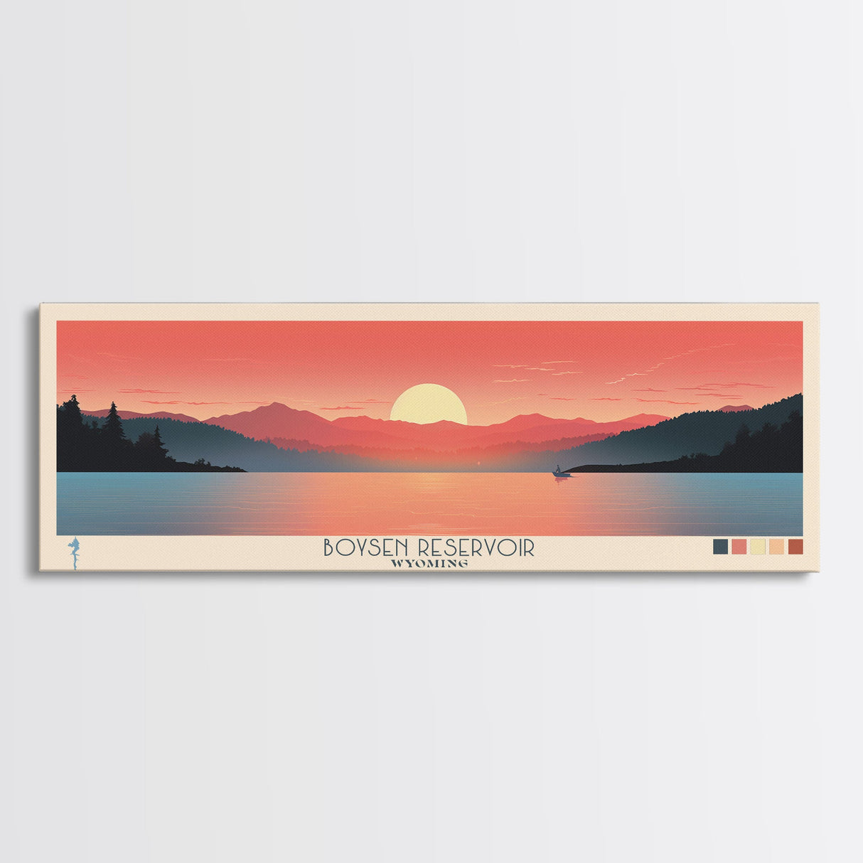 Boysen Reservoir Wyoming Framed Canvas Print, Panoramic Travel Poster, Midcentury Modern Wall Art, Pop Art, Nature Bedroom Decor, Scenic Lake House Art
