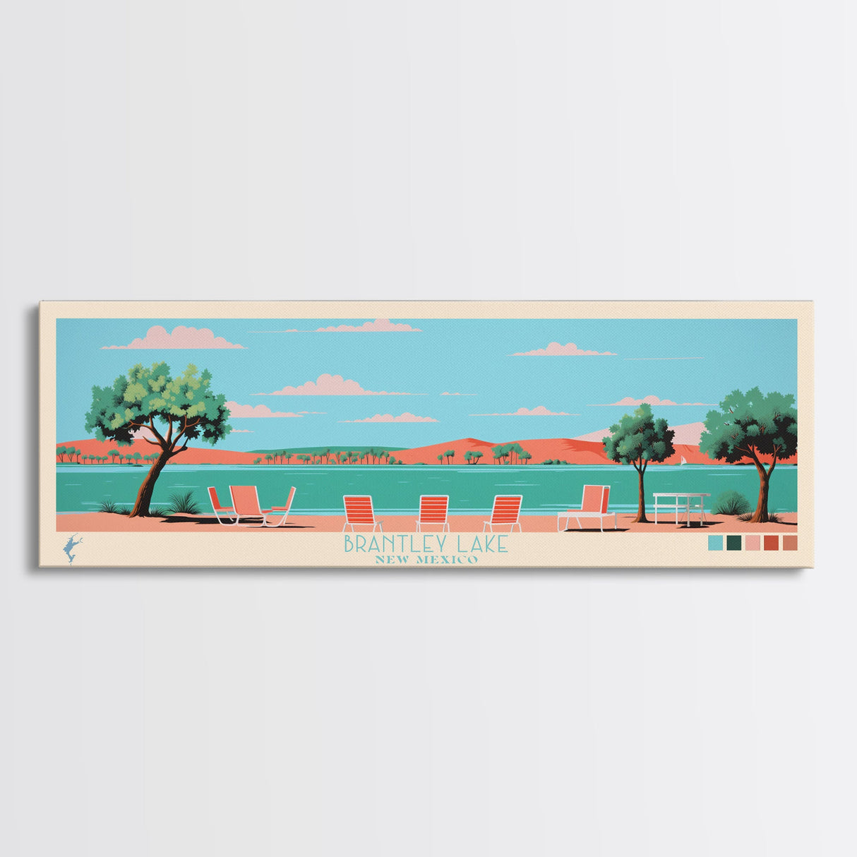 Brantley Lake New Mexico Framed Canvas Print, Midcentury Modern Panoramic Wall Art, Living Room Decor, Pop Art, Travel Poster Art, Scenic Nature Painting