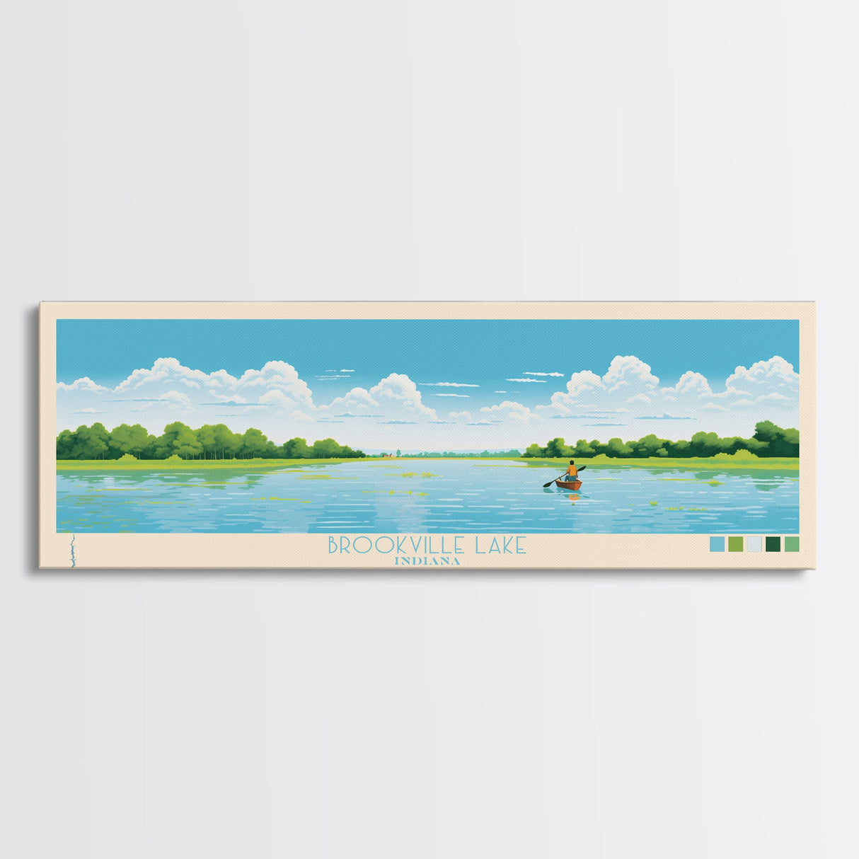 Brookville Lake Indiana Framed Canvas Print, Midcentury Modern Panoramic Wall Art, Living Room Decor, Pop Art, Travel Poster Art, Nature Painting