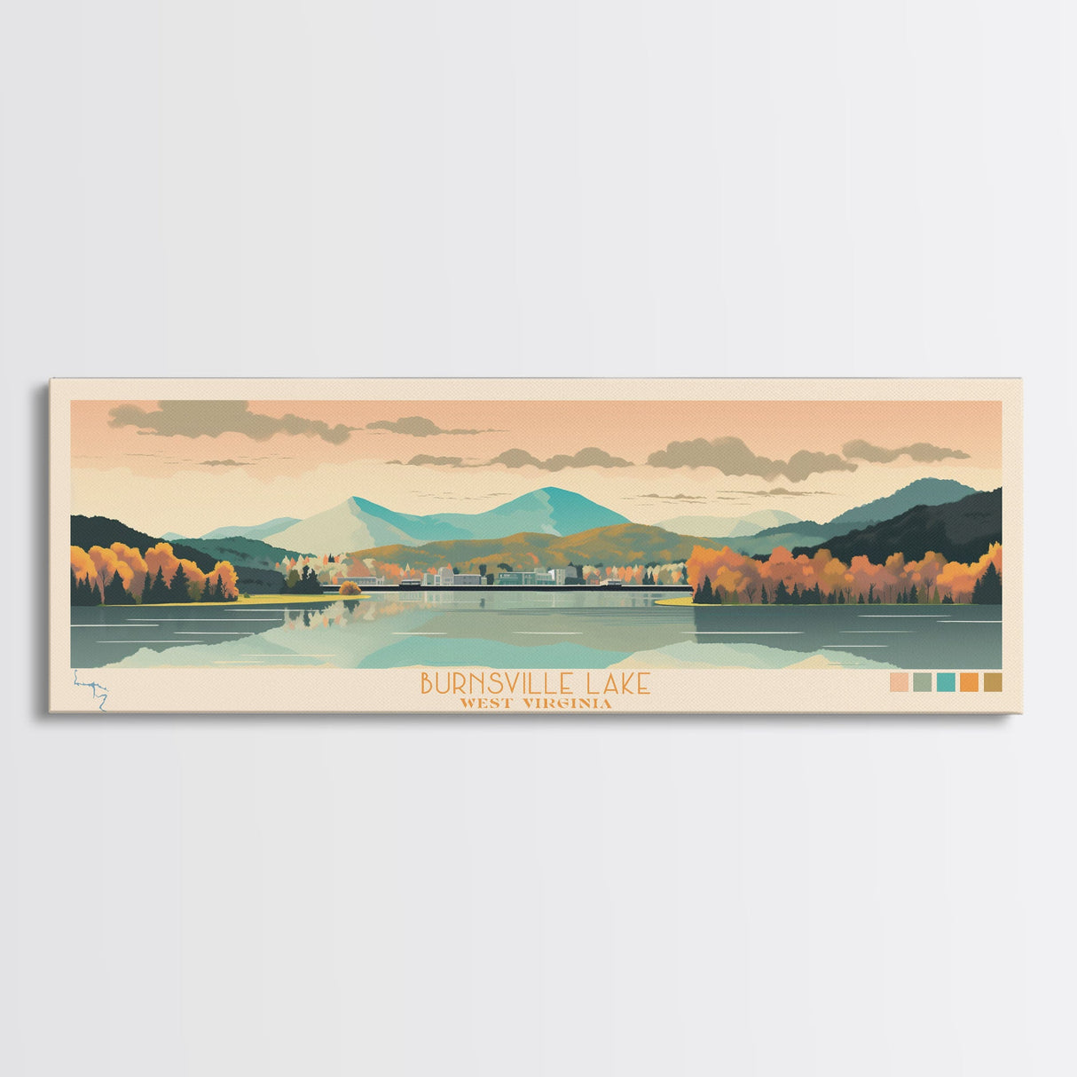 Burnsville Lake West Virginia Framed Canvas Print, Midcentury Modern Panoramic Wall Art, Living Room Decor, Pop Art, Travel Poster Art, Scenic Nature Painting