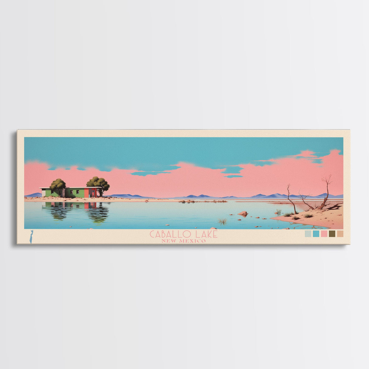 Caballo Lake New Mexico Framed Canvas Print, Midcentury Modern Panoramic Wall Art, Living Room Decor, Pop Art, Travel Poster Art, Scenic Nature Painting