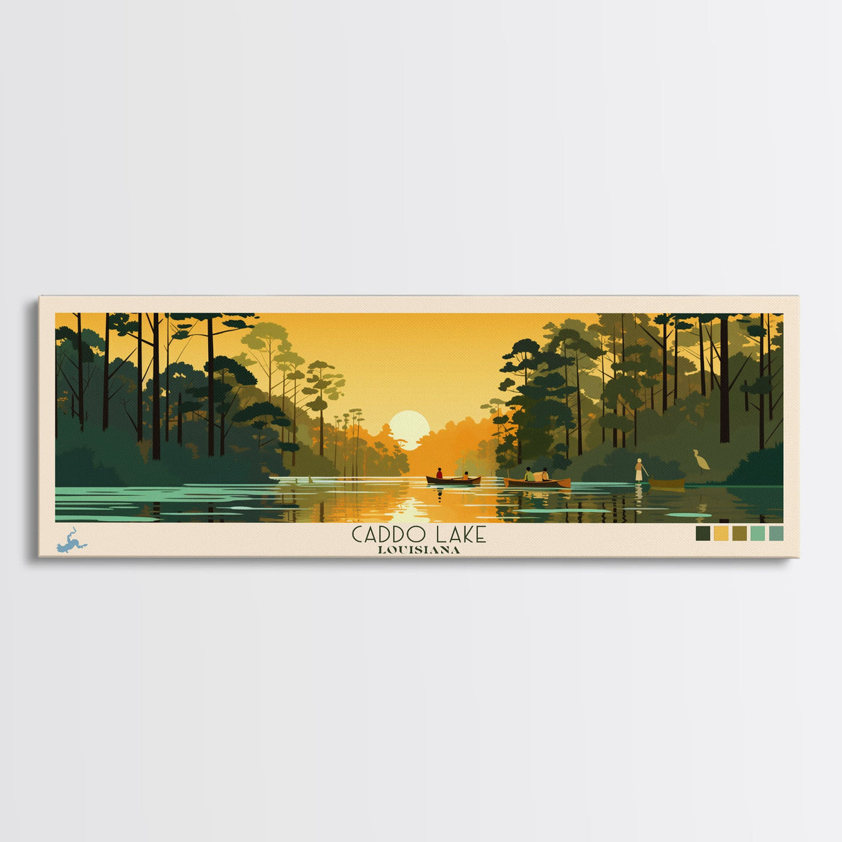 Caddo Lake Louisiana Framed Canvas Print, Pop Art Panoramic Travel Poster, Midcentury Modern, Wall Art, Scenic Nature Painting, Bedroom Decor