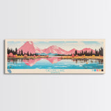 Calling Lake Alberta Framed Canvas Print, Midcentury Modern Panoramic Wall Art, Living Room Decor, Pop Art, Travel Poster Art, Scenic Nature Painting