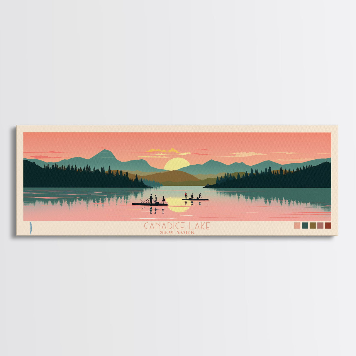 Canadice Lake New York Framed Canvas Print, Pop Art Panoramic Travel Poster, Midcentury Modern, Wall Art, Scenic Nature Painting, Bedroom Decor