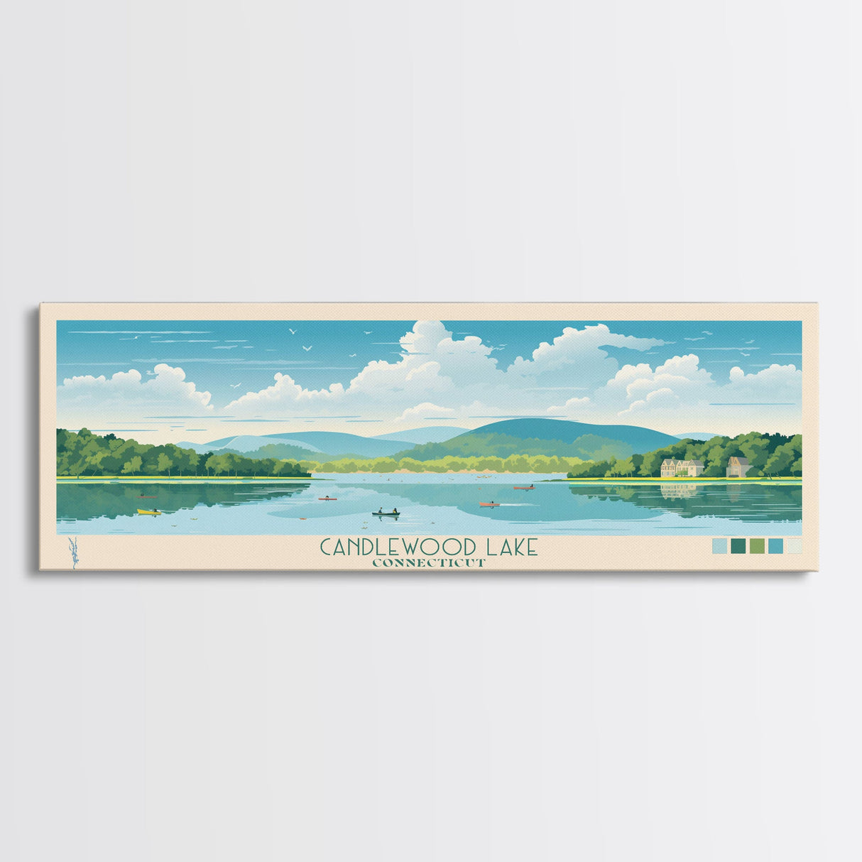 Candlewood Lake Connecticut Framed Canvas Print, Pop Art Panoramic Travel Poster, Midcentury Modern, Wall Art, Scenic Nature Painting, Bedroom Decor