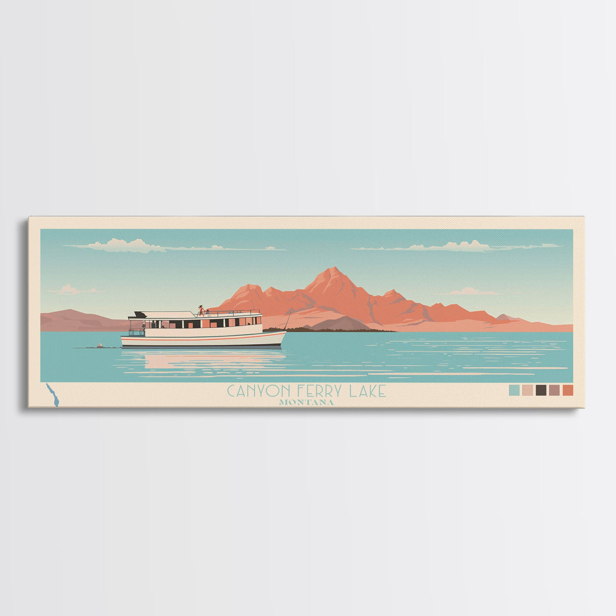 Canyon Ferry Lake Montana Framed Canvas Print, Pop Art Panoramic Travel Poster, Bedroom Decor, Midcentury Modern, Wall Art, Scenic Lake House, Nature Art