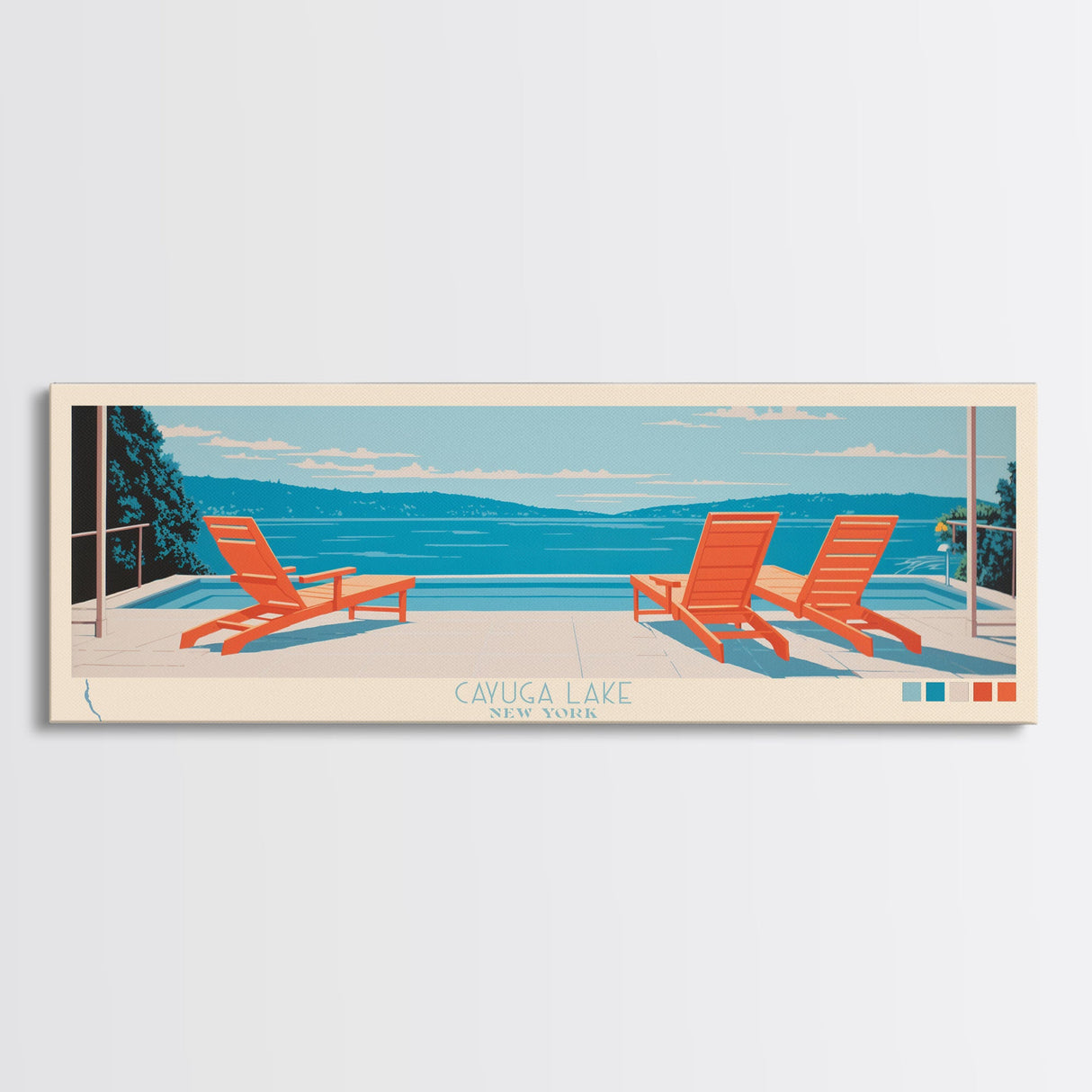 Cayuga Lake New York Framed Canvas Print, Pop Art Panoramic Travel Poster, Midcentury Modern, Wall Art, Scenic Nature Painting, Bedroom Decor, Living Room Art
