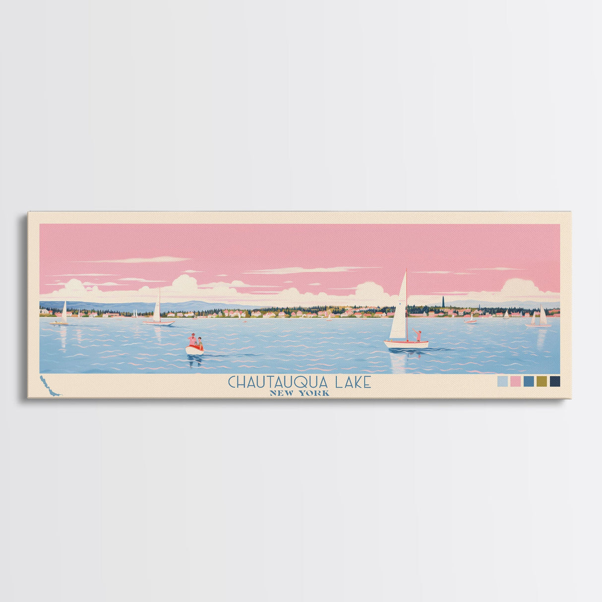 Chautauqua Lake New York Framed Canvas Print, Pop Art Panoramic Travel Poster, Midcentury Modern, Wall Art, Scenic Nature Painting, Bedroom Decor, Living Room Art