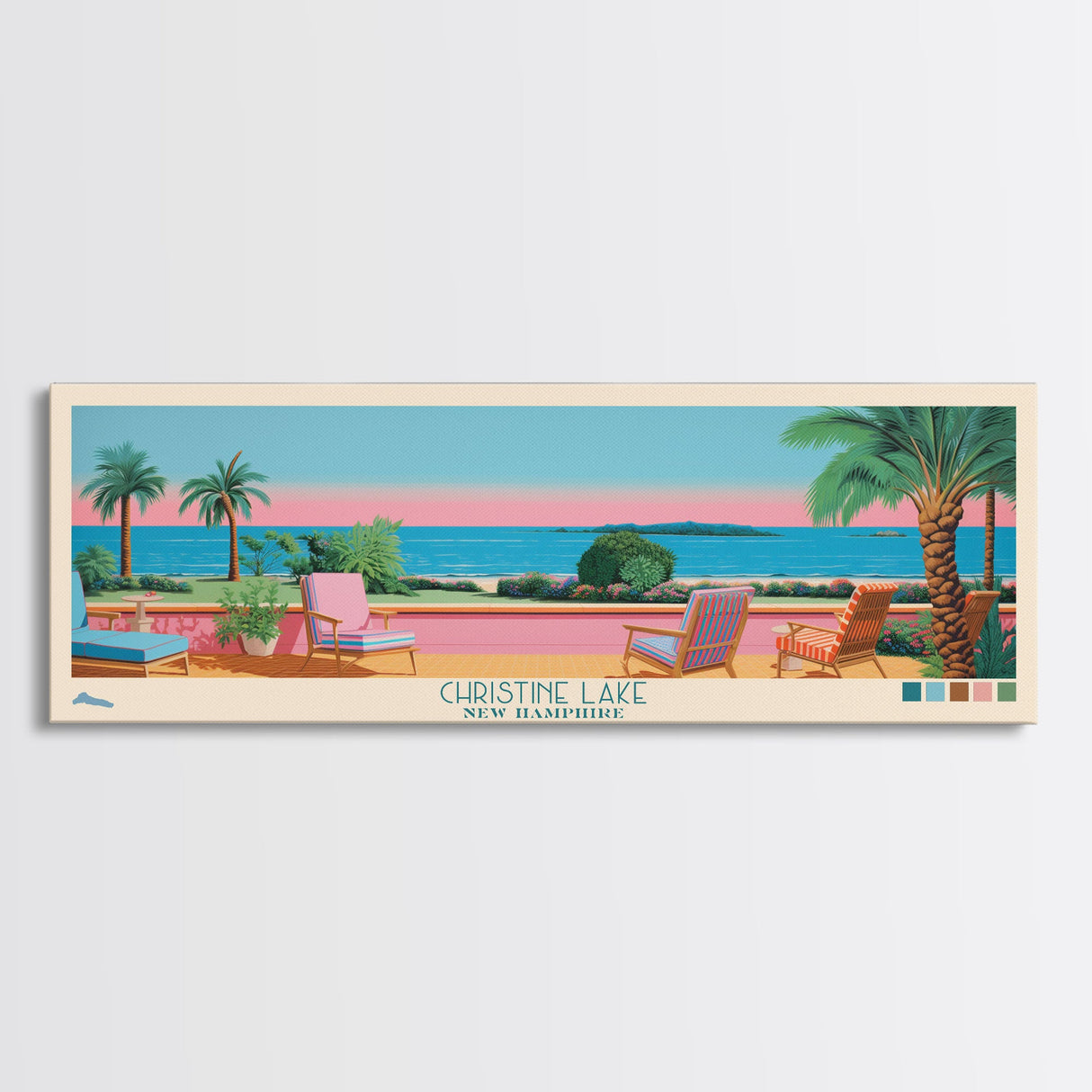 Christine Lake New Hamphire Framed Canvas Print, Pop Art Panoramic Travel Poster, Midcentury Modern, Wall Art, Scenic Nature Painting, Bedroom Decor, Living Room Art