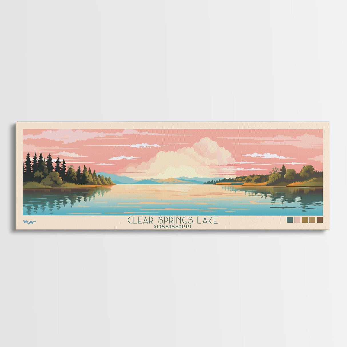 Clear Springs Lake Mississippi Framed Canvas Print, Pop Art Panoramic Travel Poster, Midcentury Modern, Wall Art, Scenic Nature Painting, Bedroom Decor, Living Room Art