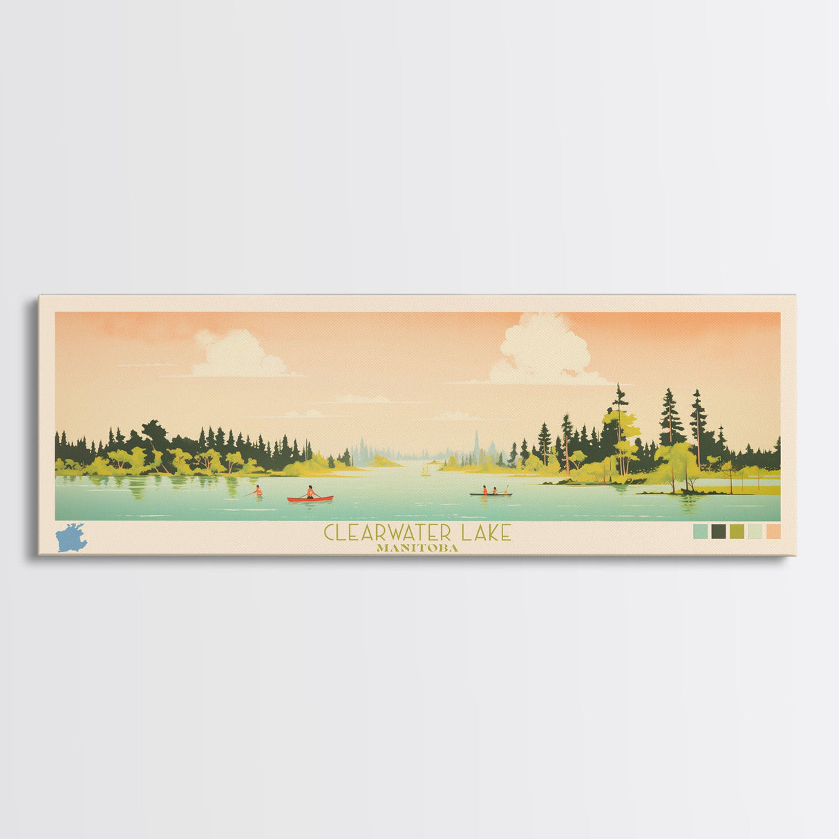 Clearwater Lake Manitoba Framed Canvas Print, Midcentury Modern Panoramic Wall Art, Living Room Decor, Pop Art, Travel Poster Art, Scenic Nature Painting, Lake House Decor