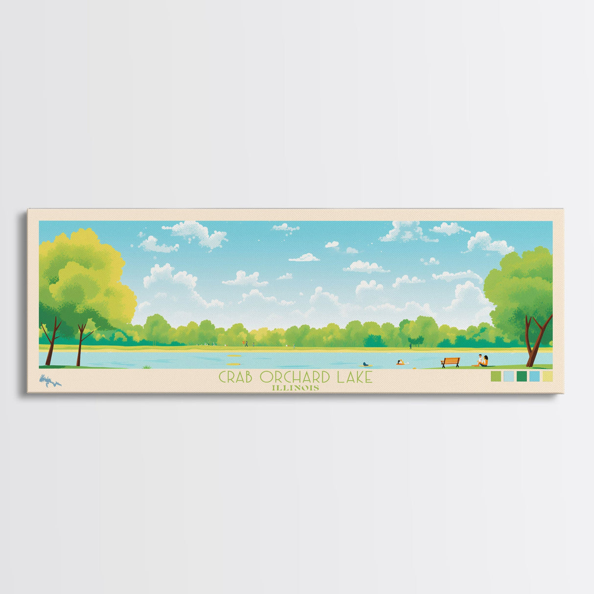 Crab Orchard Lake Illinois Framed Canvas Print, Midcentury Modern Panoramic Wall Art, Living Room Decor, Pop Art, Travel Poster Art, Scenic Nature Painting, Lake House Decor