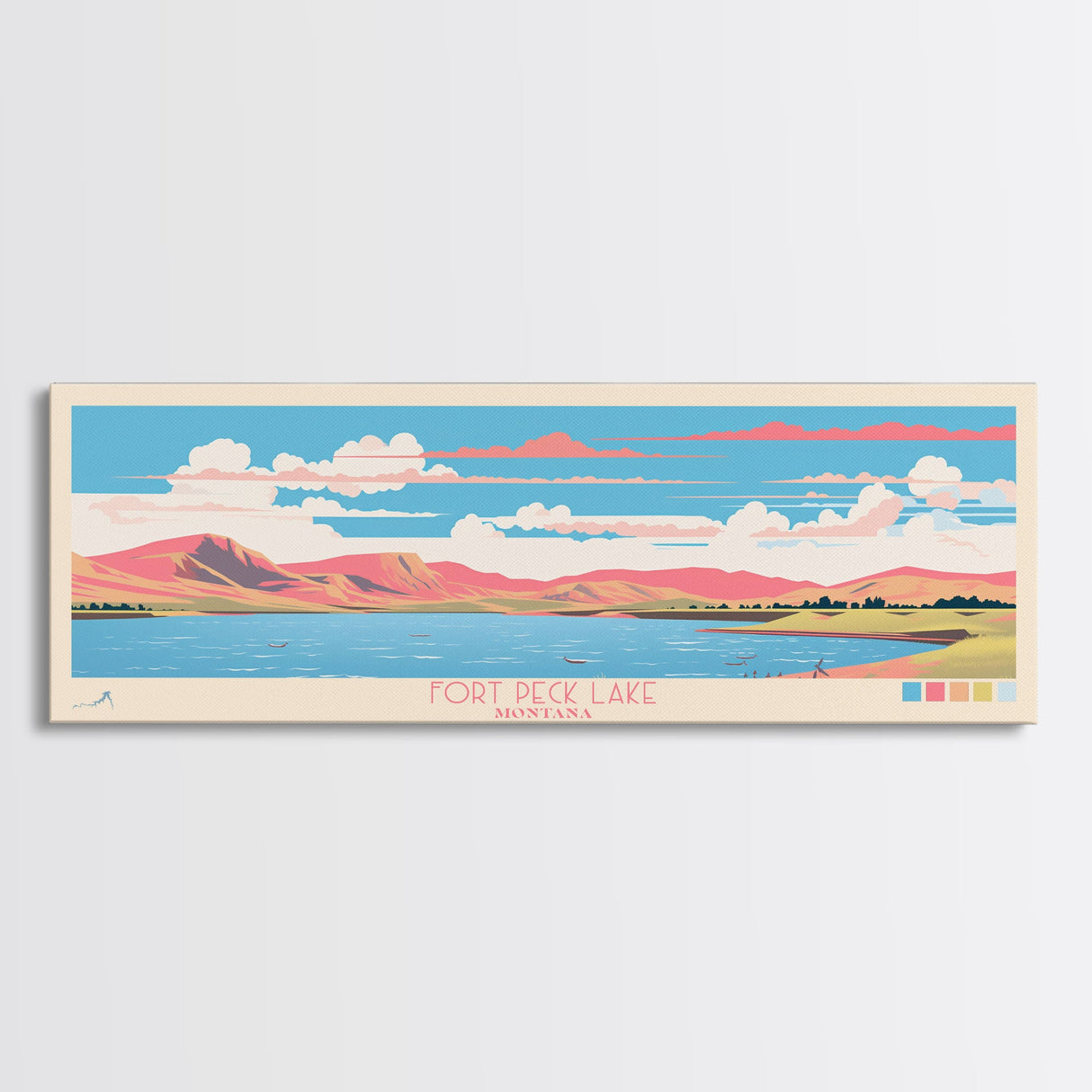 Fort Peck Lake Montana Framed Canvas Print, Panoramic Wall Art, Midcentury Modern, Pop Art, Bedroom Decor, Travel Poster, Nature Art, Artistic Decor