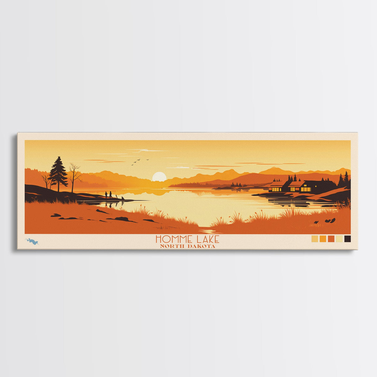 Homme Lake North Dakota Framed Canvas Print, Panoramic Wall Art, Midcentury Modern, Pop Art, Bedroom Decor, Travel Poster, Artistic Home Decor