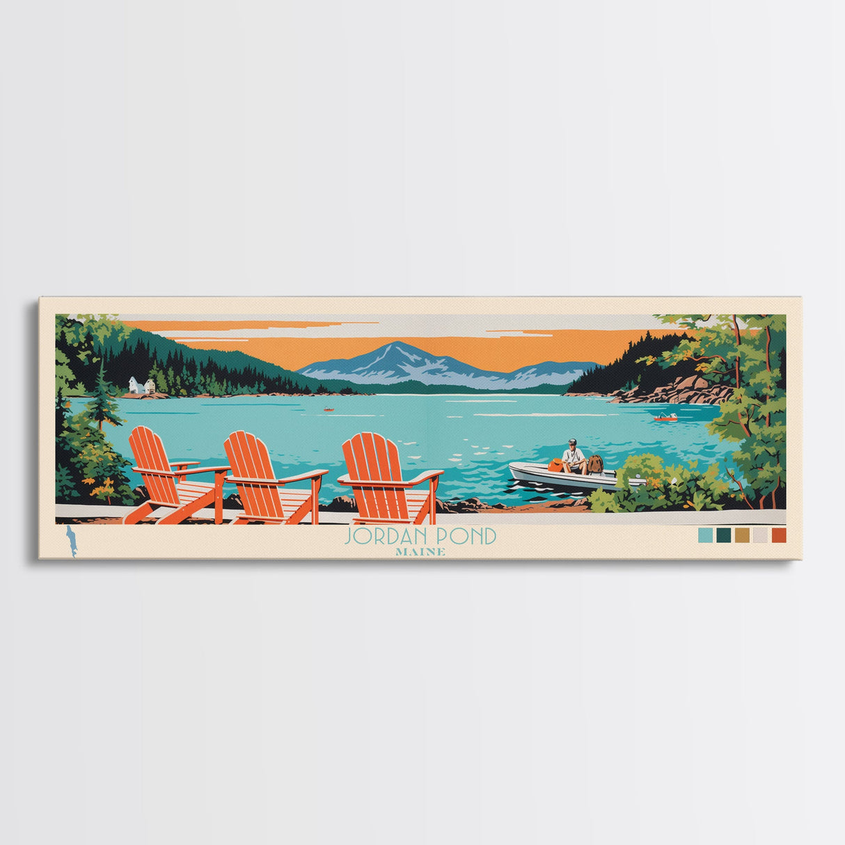 Jordan Pond Maine Framed Canvas Print, Panoramic Wall Art, Midcentury Modern, Pop Art, Bedroom Decor, Travel Poster, Artistic Home Decor