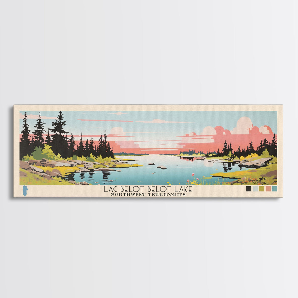 Lac Belot Northwest Territories Framed Canvas Print, Panoramic Wall Art, Midcentury Modern, Pop Art, Lake House Art, Travel Poster, Living Room Decor