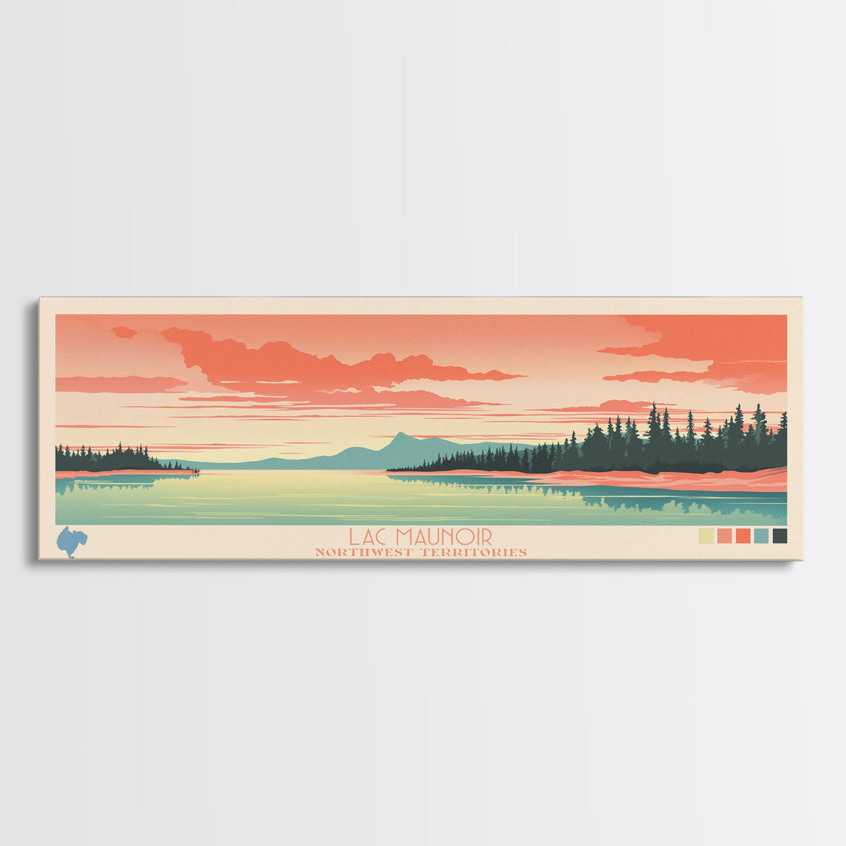 Lac Maunoir Northwest Territories Framed Canvas Print, Panoramic Art, Midcentury Modern, Pop Art, Living Room Wall Art, Travel Poster, Lake House Decor