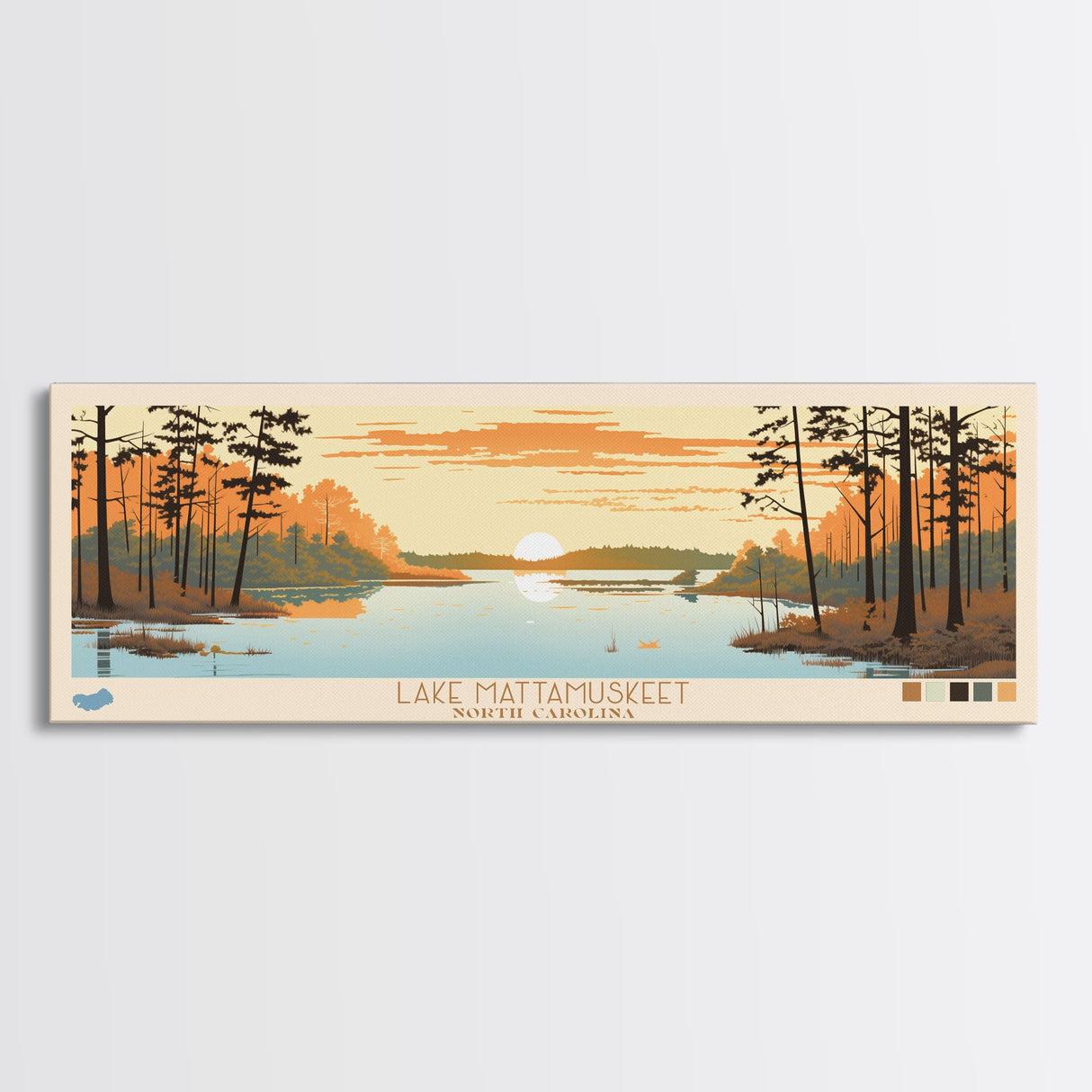 Lake Mattamuskeet North Carolina Framed Canvas Print, Panoramic Wall Art, Midcentury Modern, Pop Art, Bedroom Art, Travel Poster, Lake House Decor